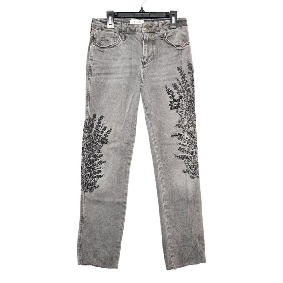 WE THE FREE PEOPLE Gray Embroidered Straight Leg Raw Hem Denim Jeans SIZE 26 - Picture 3 of 16